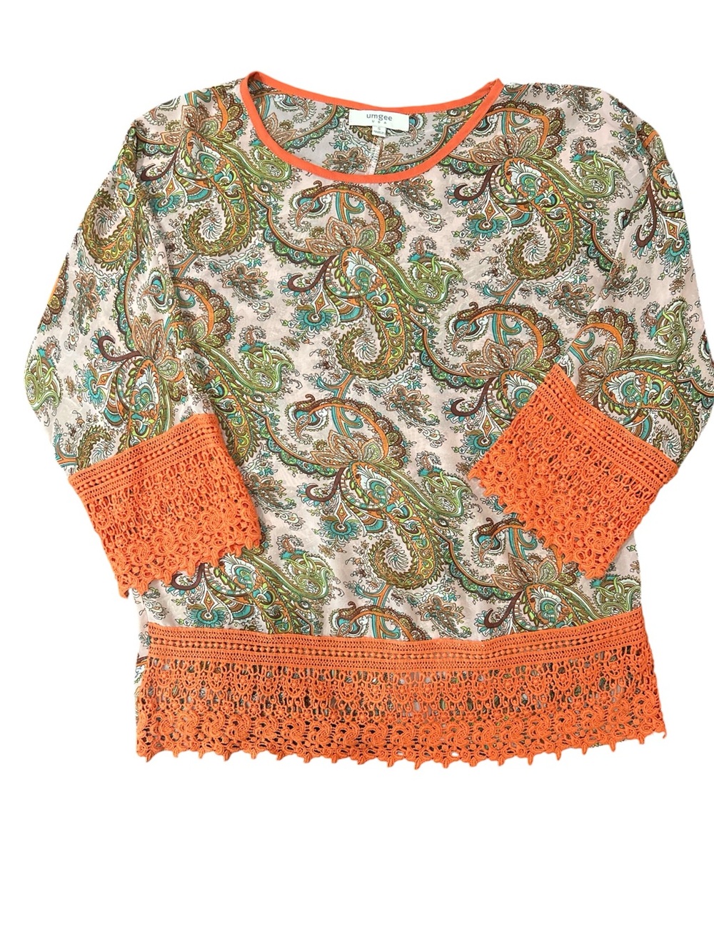 Umgee Cream Paisley Top with Orange Crochet Trim sz S
